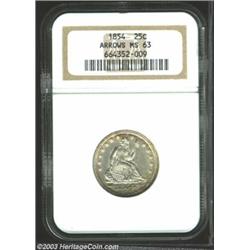 1854 25C Arrows MS63 NGC. A bold striking with a partial wire edge. Light patina has gathered on...