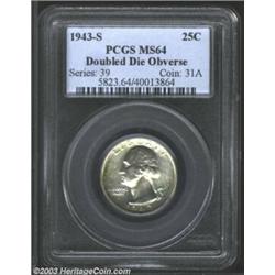 1943-S 25C Doubled Die MS64 PCGS. FS-17. The date, LIBERTY, and IN GOD WE TRUST are all boldly di...