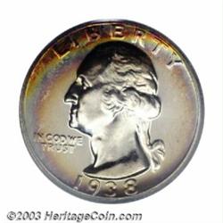 1938 25C PR67 PCGS. Dazzling reflectivity is further enhanced by thin crescents of coppery-gold a...