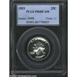 1953 25C PR68 Cameo PCGS. Fully frosted device with bold definition and bright white, essentially...