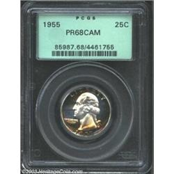 1955 25C PR68 Cameo PCGS. Bright white centers with variegated peripheral toning, intense cameo c...