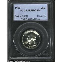 1957 25C PR68 Deep Cameo PCGS. Pure white and essentially flawless. The thickly frosted devices c...