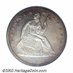 1859 50C PR64 Cameo PCGS. Dappled orange-tan shadings adorn the peripheries with some hazy silver...