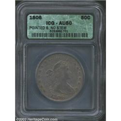 1806 50C Pointed 6, No Stem AU50 ICG. O-109, R.1. Intermediate die state with heavier crack at th...
