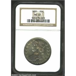 1831 50C MS61 NGC. O-111, R.1. Fully lustrous beneath alternating shades of golden-violet and aqu...