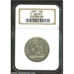 1837 50C AU58 NGC. Original silver-gray surfaces with some of the normal weakness at the margins....