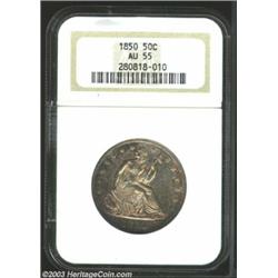 1850 50C AU55 NGC. Attractively toned in speckled russet-brown hues. Just a bit of light wear sho...
