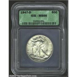 1947-D 50C MS66 ICG. Bright frosty luster, a bold strike, and clean fields combine to enhance the...
