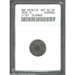 1850 P1C One Cent, Judd-121, Pollock-136, R.7--Cleaned--ANACS. Unc Details, Net AU50....