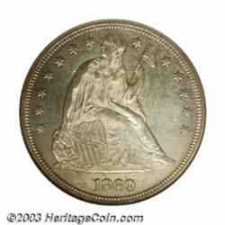 1869 $1 MS62 NGC. Fairly well struck for this difficult date, with watery prooflike qualities tha...