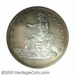 1880 T$1 PR66 PCGS. Rich toning in dominant antique-copper shades is definitely the first feature...