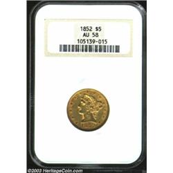 1852 $5 AU58 NGC. Close examination reveals the final digit of the date is larger than the other...