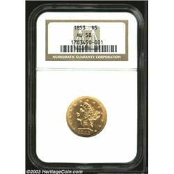 1853 $5 AU58 NGC....