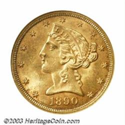 1890-CC $5 MS63 NGC. Satiny with natural golden and crimson color over sharply struck surfaces. A...