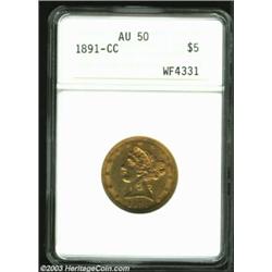 1891-CC $5 AU50 ANACS. Original orange-gold and olive patina graces this richly detailed Carson C...