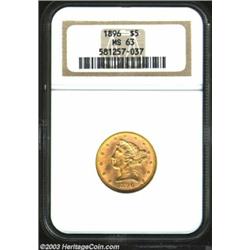 1896 $5 MS63 NGC. Sharp and lustrous with a few typical contact marks on the obverse.<BR><I>From...
