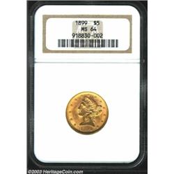 1899 $5 MS64 NGC. Deep golden color intermixes with frosty, lustrous fields. Sharp and attractive...