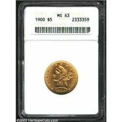1900 $5 MS63 ANACS. A nicely struck Half Eagle with radiant honey-gold luster and refreshingly un...