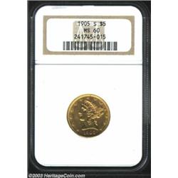 1905-S $5 MS60 NGC. Slightly soft with numerous contact marks, the luster is unusually bright for...