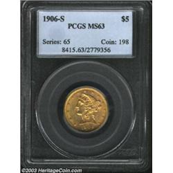 1906-S $5 MS63 PCGS. Areas of rich honey-gold patina assure the originality of this lustrous repr...
