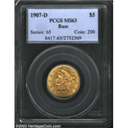 1907-D $5 MS63 PCGS. Boldly struck with plenty of luster. Liberty's face is nearly clean and the...