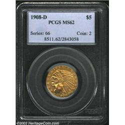 1908-D $5 MS62 PCGS. Rich orange-gold color, with a typical strike and a few trivial ticks on eac...