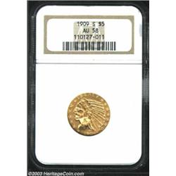 1909-S $5 AU58 NGC. Well struck with abundant, bright mint luster remaining.<BR><I>From the Brian...