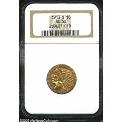 1913-S $5 AU58 NGC. Evidence of light circulation shows on the highpoints of each side. The mintm...