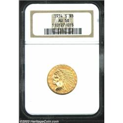 1914-S $5 AU58 NGC. Abundant, bright mint luster remains over each side.<BR><I>From the Brian Lon...