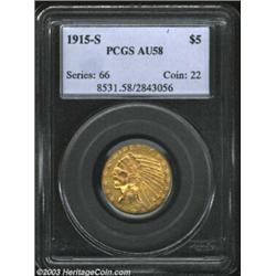 1915-S $5 AU58 PCGS. One of the scarcest dates in the Indian series, this lustrous, boldly struck...