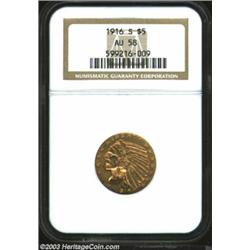 1916-S $5 AU58 NGC. Only the slightest amount of wear shows on each side.<BR><I>From the Brian Lo...