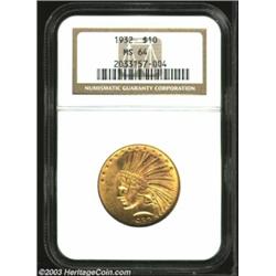 1932 $10 MS64 NGC. Sharply struck with some softness toward the lower obverse rim, the lightly ma...