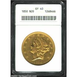 1850 $20 XF40 ANACS. Well detailed with a pleasing amount of satin luster in evidence, for the gr...