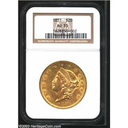 1851 $20 AU55 NGC. Heavily abraded, with modest wear on the highpoints, and some of the original...