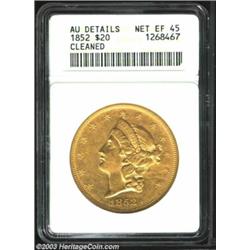 1852 $20 --Cleaned--ANACS. AU Details, Net XF45. A patch of hairlines is noted behind Liberty's n...