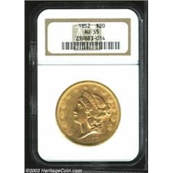 1852 $20 AU55 NGC. Traces of luster with a plethora of small contact marks.<BR><I>From the Brian...