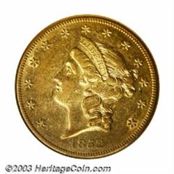 1852-O $20 AU53 NGC. One of several AU or better survivors of this desirable New Orleans issue in...