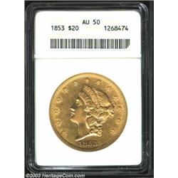 1853 $20 AU50 ANACS. The ample remaining luster has an occasional ruby-red hue. Free from bagmark...
