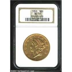 1853 $20 AU55 NGC. Traces of luster remain under the attractive green-gold patina. A fully origin...