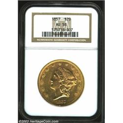 1857 $20 AU58 NGC. Nearly full luster remains on this typically marked Twenty. <BR><I>From the Br...