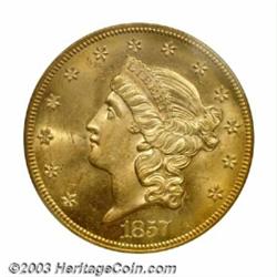 1857-S $20 MS64 PCGS. As with all of the 1857-S Twenties from the S.S. <I>Central America,...