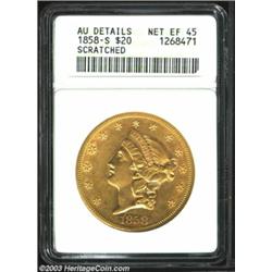1858-S $20 --Scratched--ANACS. AU Details, Net XF45. A bright vertical pinscratch is noted in the...