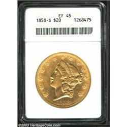 1858-S $20 XF45 ANACS. A richly detailed Double Eagle with no shortage of luster on the stars, le...