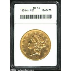 1858-S $20 AU50 ANACS. A partially lustrous example of a moderately rare date. Numerous abrasions...