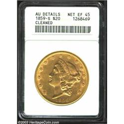 1859-S $20 --Cleaned--ANACS. AU Details, Net XF45. The 1 is recut below the base, and apparently...