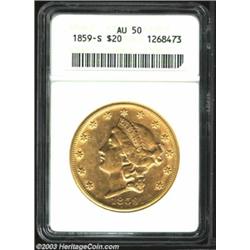 1859-S $20 AU50 ANACS. Bright yellow and pink-gold surfaces display plenty of remaining detail, c...
