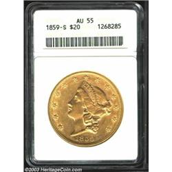 1859-S $20 AU55 ANACS. This untoned example has abundant bright luster, a crisp strike, and refre...