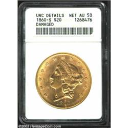 1860-S $20 --Damaged--ANACS. Unc Details, Net AU50. Three presumed attempted punctures on the low...