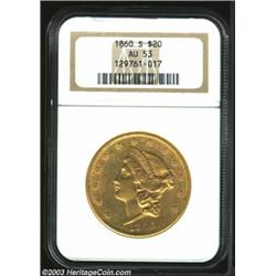 1860-S $20 AU53 NGC. Traces of luster remain on this lightly circulated example. Popular Type One...