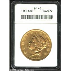 1861 $20 XF40 ANACS. Freckles of honey-gold patina cling to protected areas of this relatively un...